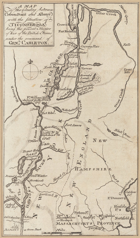 A map of the country between Crown Point and Albany with the situation of Ticonderoga: being the present theatre of war of the British forces under the command of Genl. Carleton