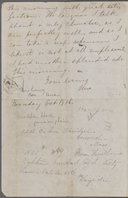 Hawthorne, Una, ALS to SAPH. Oct. 19, [1863?].