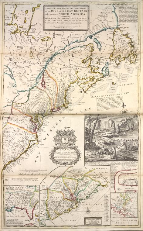 A new and exact map of the dominions of the King of Great Britain on ye continent of North America : containing Newfoundland, New Scotland, New England, New York, New Jersey, Pensilvania, Maryland, Virginia and Carolina