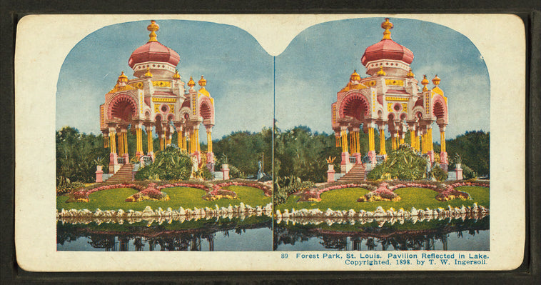 Forest Park, St. Louis. Pavillion reflected on lake.