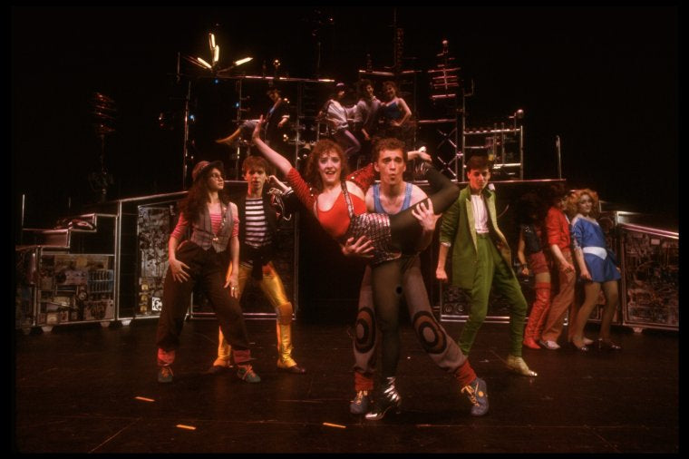 Actors Tia Riebling & Donnie Kehr (C) w. cast in a scene fr. the Off-Broadway musical "American Passion." (New York)