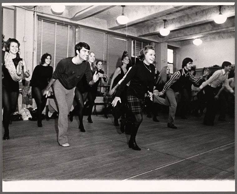 June Allyson [in plaid skirt] and unidentified others in rehearsal for the touring stage production of the 1971 Broadway revival of No, No, Nanette