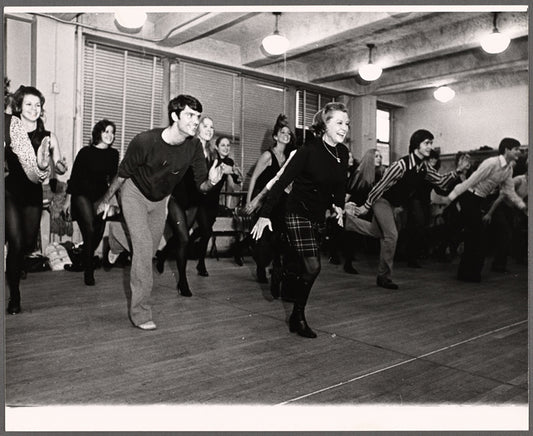 June Allyson [in plaid skirt] and unidentified others in rehearsal for the touring stage production of the 1971 Broadway revival of No, No, Nanette