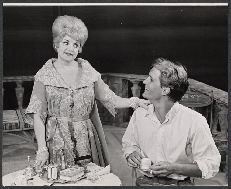 Hermione Baddeley and Paul Roebling in the stage production The Milk Train Doesn't Stop Here Anymore