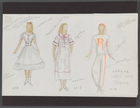 Grease: Costume sketches for Sandra (Susan Wood), with related draft sketches