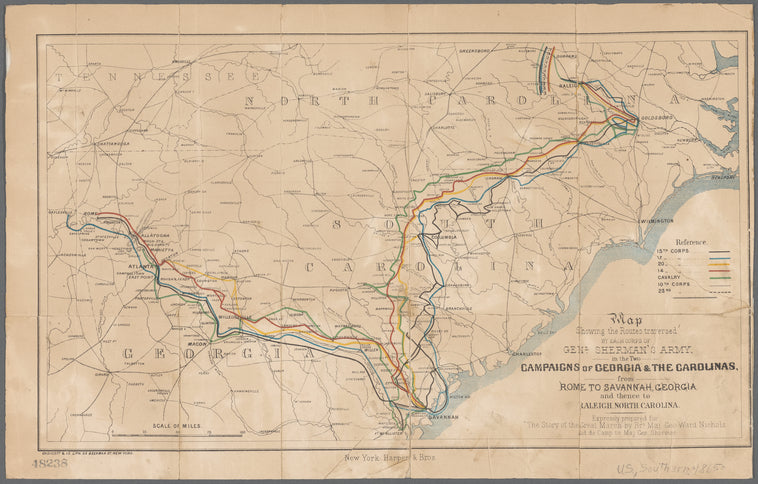 Map showing the routes traversed by each corps of Genl. Sherman's army in the two campaigns of Georgia & the Carolinas: from Rome to Savannah, Georgia, and thence to Raleigh, North Carolina