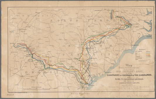 Map showing the routes traversed by each corps of Genl. Sherman's army in the two campaigns of Georgia & the Carolinas: from Rome to Savannah, Georgia, and thence to Raleigh, North Carolina