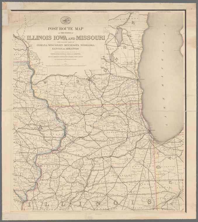 Post route map of the states of Illinois, Iowa, and Missouri : with adjacent parts of Indiana, Wisconsin, Minnesota, Nebraska, Kansas and Arkansas