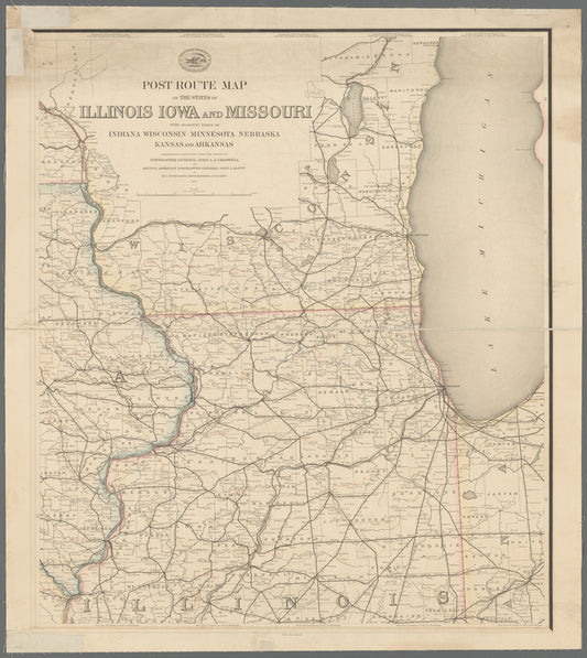 Post route map of the states of Illinois, Iowa, and Missouri : with adjacent parts of Indiana, Wisconsin, Minnesota, Nebraska, Kansas and Arkansas