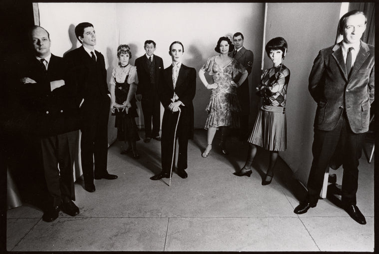 Cast photo of 'Cabaret:' Harold Prince, Burt Convy, Lotte Lenye, Jack Gilford, Joel Grey, Peg Murray, Edward Winter, Jill Haworth and unidentified man.