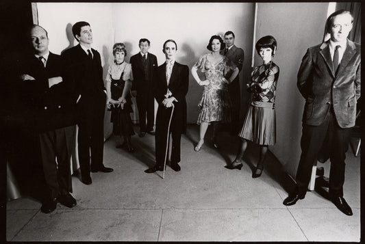 Cast photo of 'Cabaret:' Harold Prince, Burt Convy, Lotte Lenye, Jack Gilford, Joel Grey, Peg Murray, Edward Winter, Jill Haworth and unidentified man.
