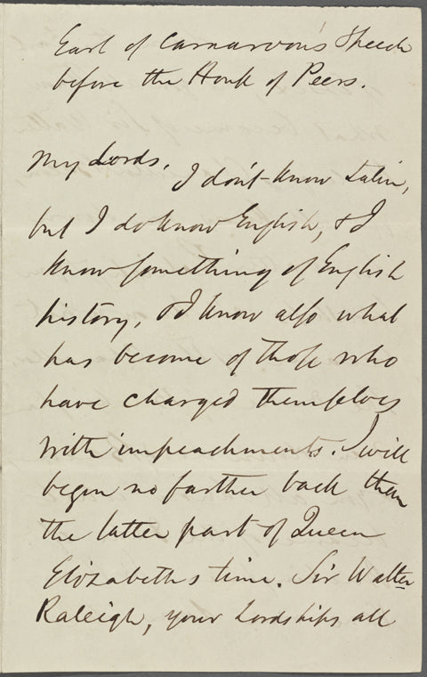 Earl of Carnarvon's Speech before the House of Peers [Dec. 23, 1678]. Holograph copy, unsigned, undated