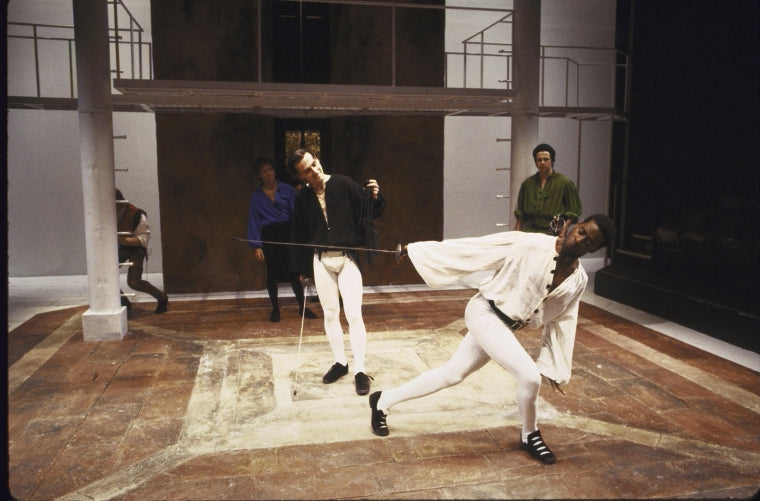 Actors (L-R) Rob Knepper & Courtney B. Vance dueling in a scene fr. the New York Shakespeare Festival's production of the play "Romeo and Juliet." (New York)