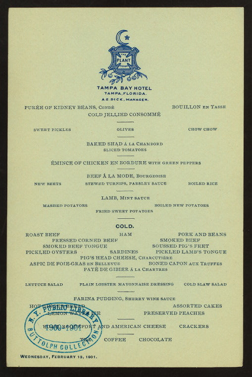 MENU [held by] TAMPA BAY HOTEL [at] "TAMPA, FL" (HOTEL;)