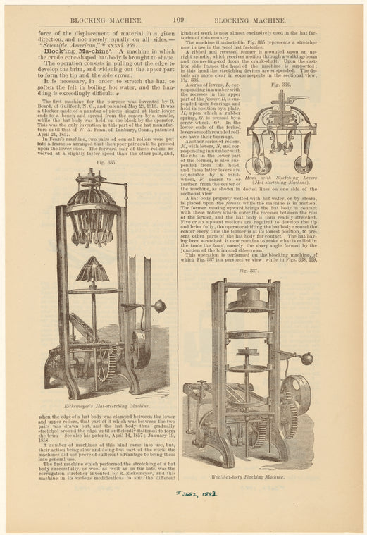 Eickemeyer's hat-stretching machine ; Head with stretching levers (hat-stretching machine) ; Wool-hat-body blocking machine