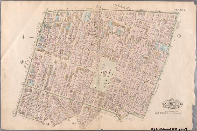 Plate 9: Bounded by Fourth Avenue, Bowery, E. Houston Street, W. Houston Street, Hancock Street, Bleecker Street, Sixth Avenue, W. Fourth Street, Grove Street, Waverly Place, Perry Street, Greenwich Avenue, Seventh Avenue and Fourteenth Street