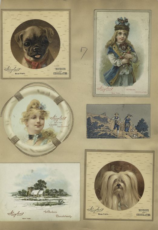 Trade cards depicting dogs, children, a woman, a church, ducks, a life preserver, a boy and girl carrying a bucket.