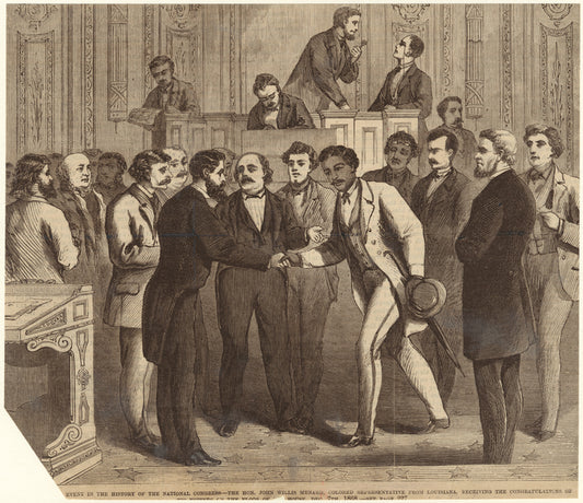 ... event in the history of the National Congress : The Hon. John Willis Menard, colored representative from Louisiana, receiving the congratulations of his friends on the floor of [the] House, Dec. 7th, 1868