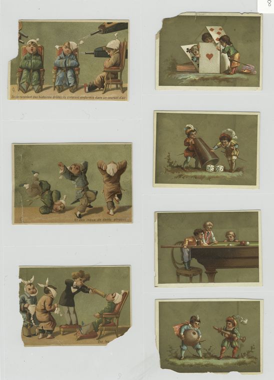 Miniature boys sleeping, examining a mouth with a telescope, playing with dice, playing cards and a pool table.