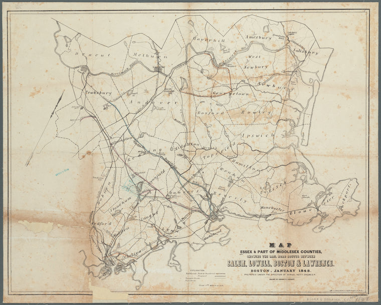 Map of Essex & part of Middlesex counties, showing the rail road routes between Salem, Lowell, Boston & Lawrence