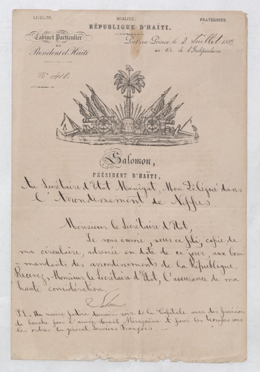 L. E. F. Salomon, President of Haiti, Port-au-Prince, Haiti, to General F. Manigat, Secretary of Agriculture and Education