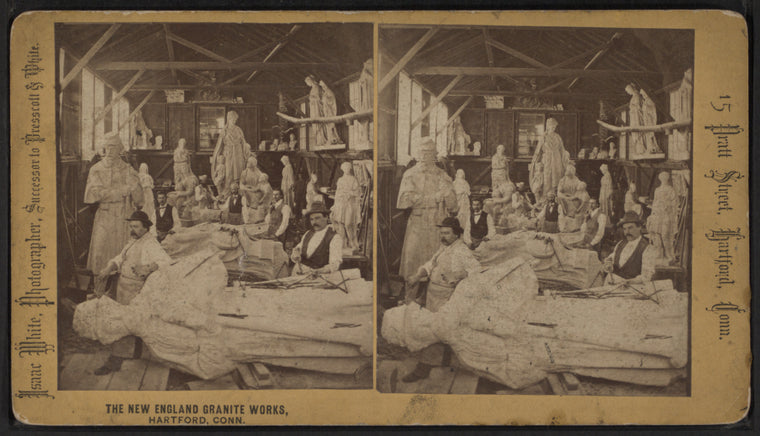 The New England Granite Works, Hartford, Conn. [Stone carvers working on large sculpture of a soldier]