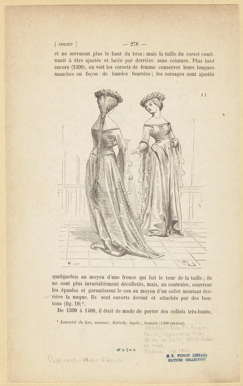 Decollete bodices long in front, separated from skirt at back; skirt slashed at side, French, ca. 1410