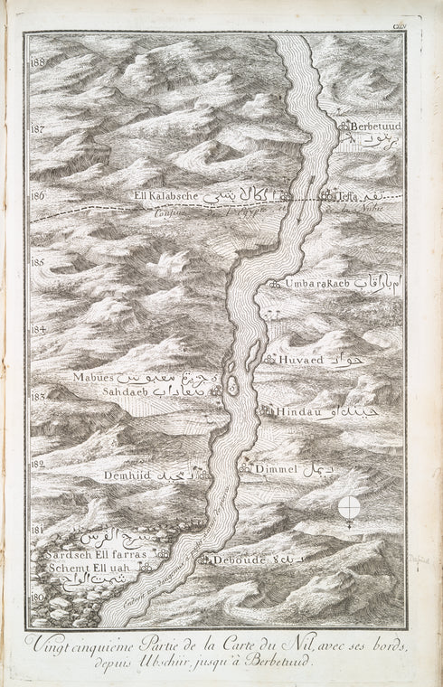 Vingtcinquième partie de la carte du Nil, avec ses bords, depuis Ubschiir, jusqu'à Berbetuud.