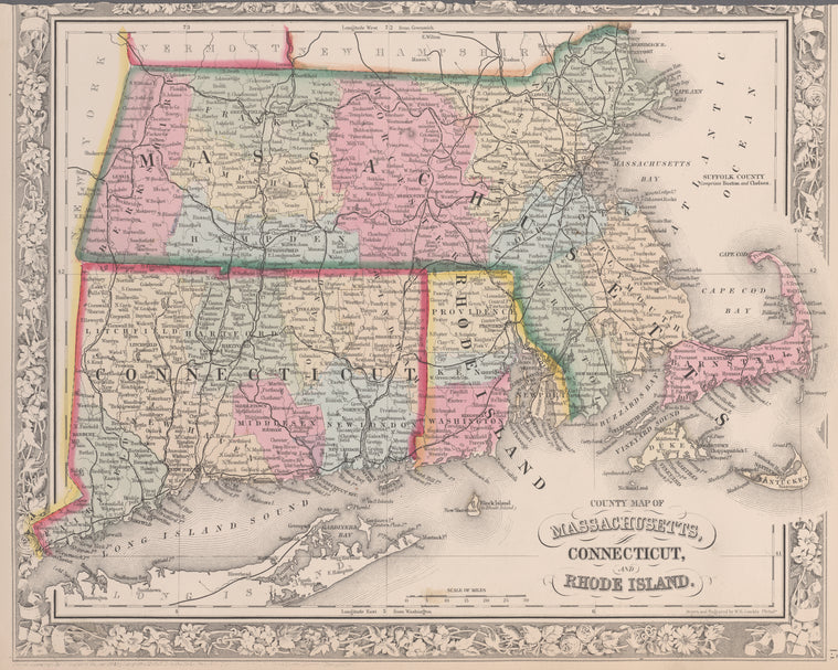 County map of Massachusetts, Connecticut, and Rhode Island.