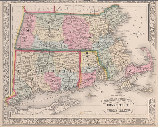 County map of Massachusetts, Connecticut, and Rhode Island.