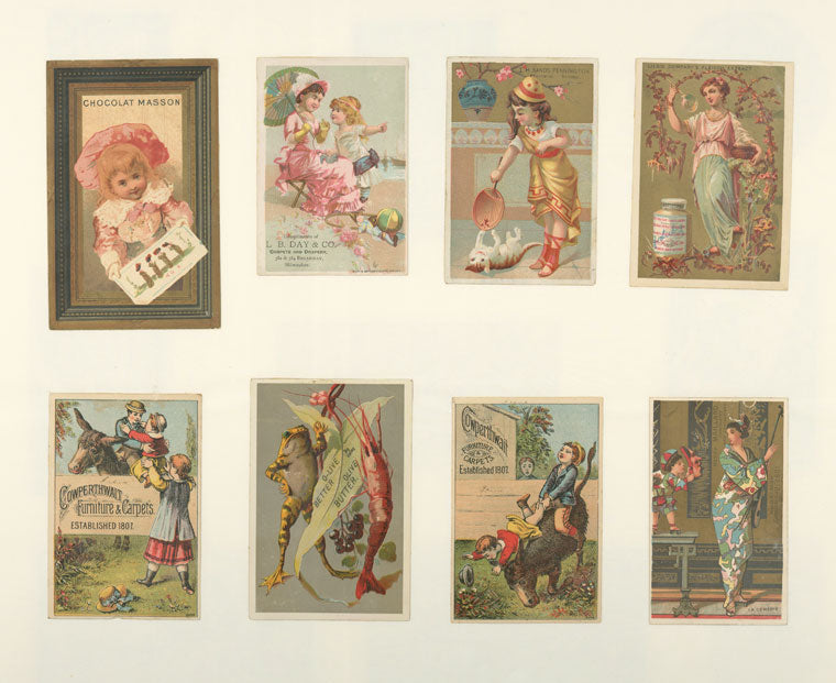 Trade cards depicting toys, women, a donkey, a mask, a kimono, a jar of meat, a parasol, a frog, shellfish and children : playing with a cat, pointing at something on the beach, holding a drawing and being lifted onto and falling off of a donkey.
