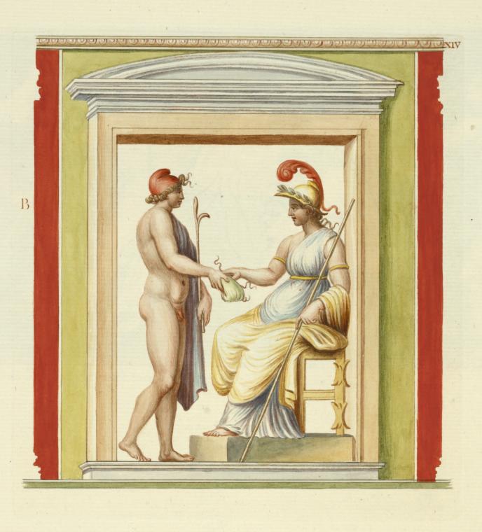 Nude youth approaching seated Athena, depicted within a niche