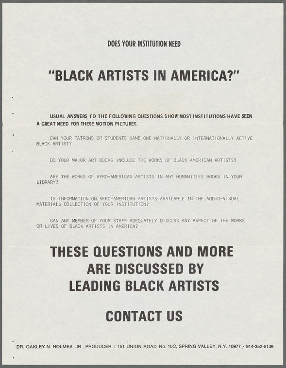 Pamphlet for "Black Artists in America?" exhibition produced by Dr. Oakley N. Holmes Jr.