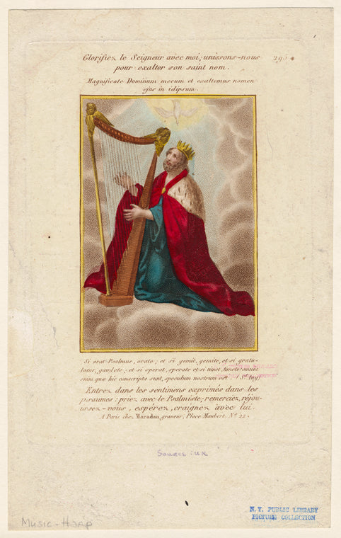 Holy Spirit as dove descends on David playing the harp.