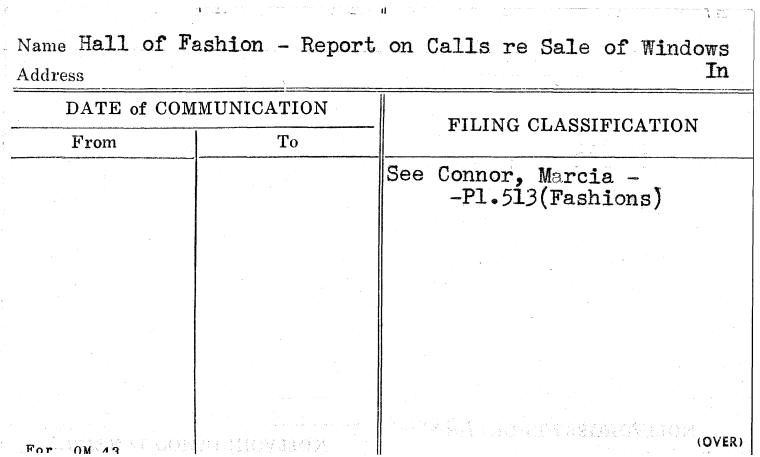 Hall of Fashion - Report on Calls re Sale of Windows In