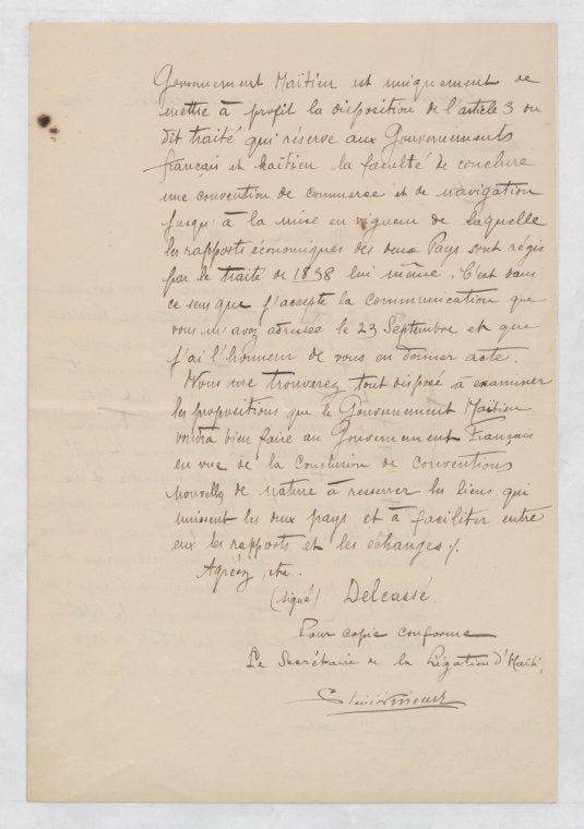 Correspondence between François Manigat & Theophile Delcassé