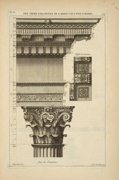 Des trois colonnes de Campo Vaccino à Rome; soffite du larmier; face du chapiteau.