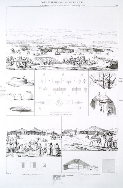 Camps et tentes des Arabes Bédouins : vue du camp d'un Ferig ou Escouade, sur la rive droite du Nil; plan générale du camp du Ferig; camp sur la rive gauche du Nil; plan, coupe et vue de tentes