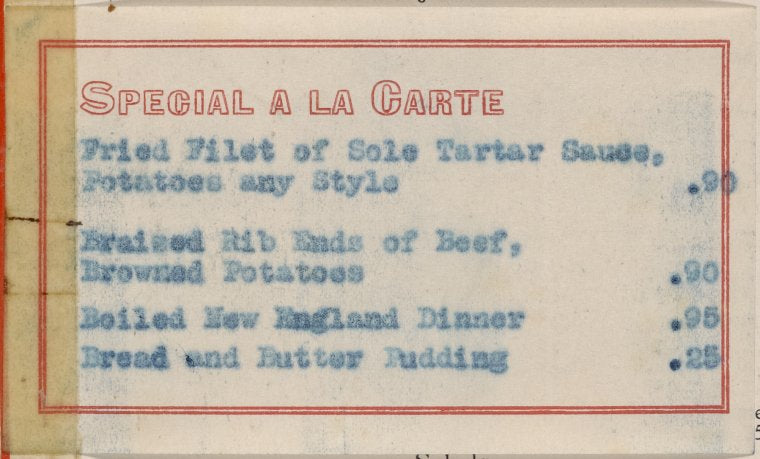 Lunch menu, Pennsylvania Railroad
