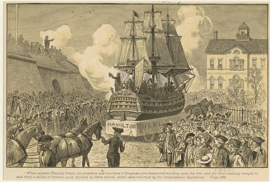 Ship on a parade float drawn by horses past Bowling Green, New York, 18th century