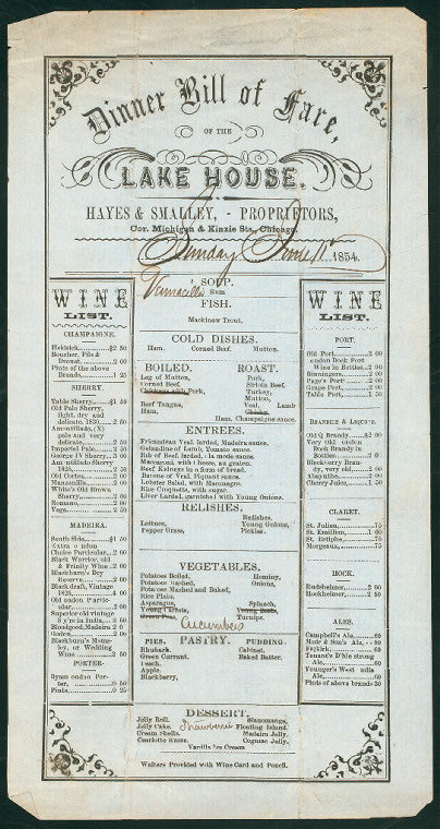 DINNER MENU [held by] LAKE HOUSE [at] "CHICAGO, IL." (HOTEL)