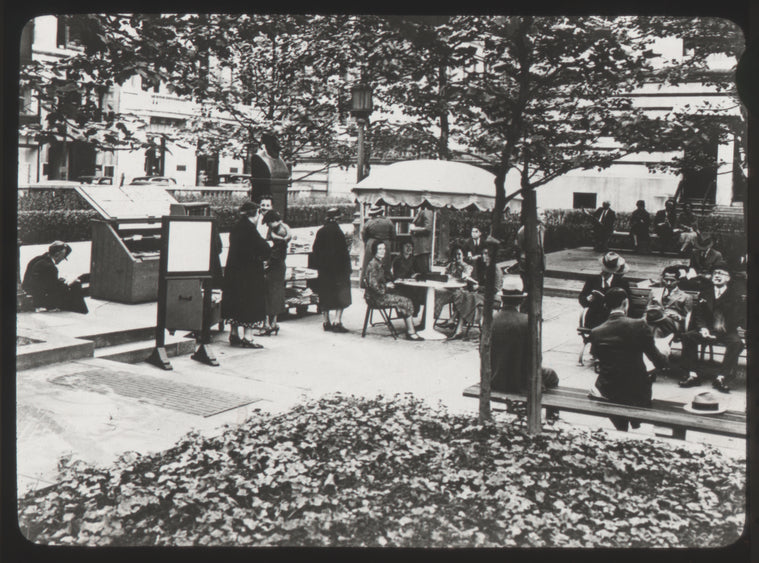 Bryant Park library at Central building, 1930s, showing book cases, readers