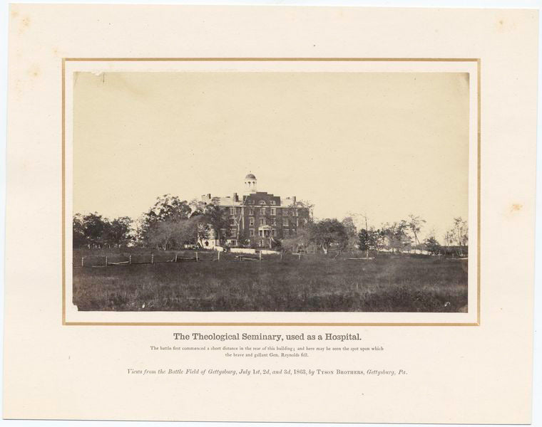 The Theological Seminary, used as a hospital. : The battle first commenced a short distance in the rear of this building; and here may be seen the spot upon which the brave and gallant Gen. Reynolds fell
