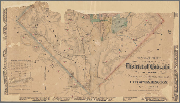 Topographical map of the original District of Columbia and environs showing the fortifications around the city of Washington