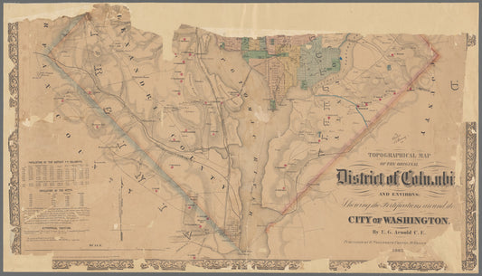 Topographical map of the original District of Columbia and environs showing the fortifications around the city of Washington