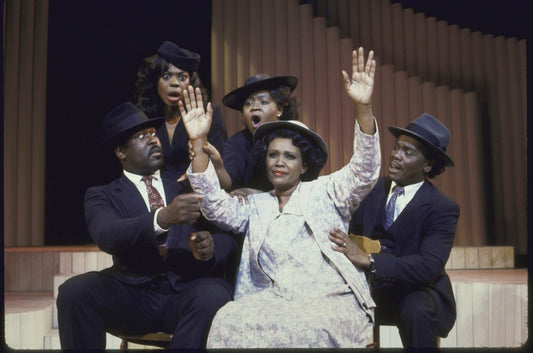 Actors (L-R) Carl Hall, Gwen Stewart, Lynette G. DuPre' , Doug Eskew w. Queen Esther Marrow (fr.)  in a scene fr. the Broadway musical "Truly Blessed." (New York)