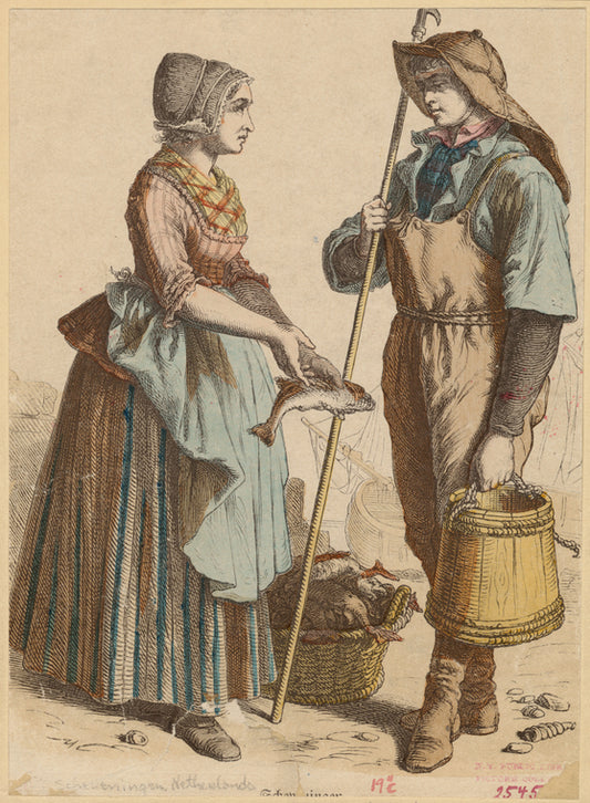 Dutch woman holding a fish and Dutch man holding a bucket