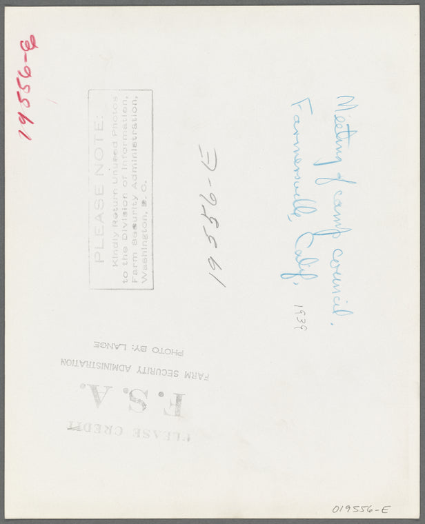Farm Security Administration (FSA) camp for migratory agricultural workers. Meeting of the camp council. Farmersville, California