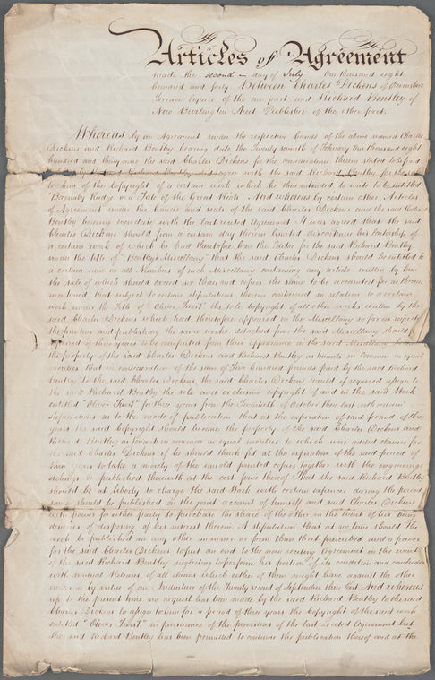 Agreement between Richard Bentley and Charles Dickens relating to Barnaby Rudge, Oliver Twist and Bentley's Miscellany. Manuscript