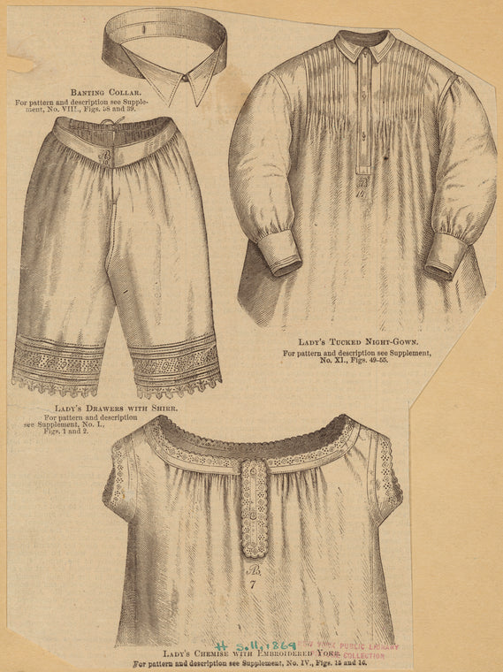 Banting collar ; Lady's drawers with shirt ; Lady's tucked night-gown ; Lady's chemise with embroidered yoke